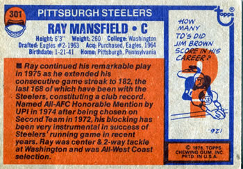 1976 Topps #301 Ray Mansfield Back