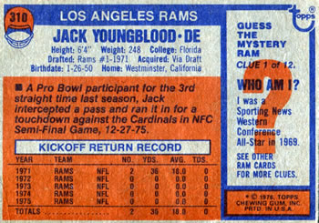 1976 Topps #310 Jack Youngblood Back