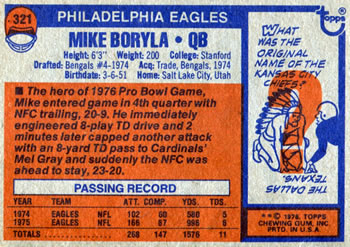 1976 Topps #321 Mike Boryla Back