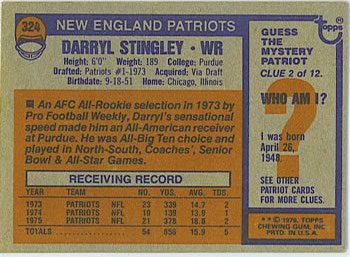 1976 Topps #324 Darryl Stingley Back