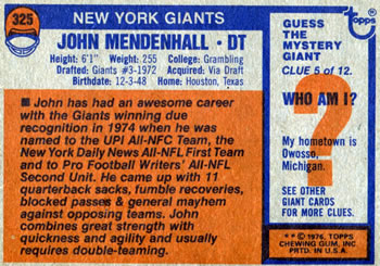 1976 Topps #325 John Mendenhall Back