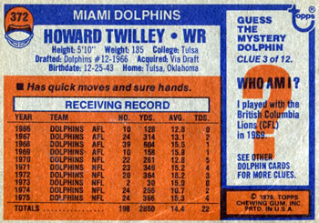1976 Topps #372 Howard Twilley Back