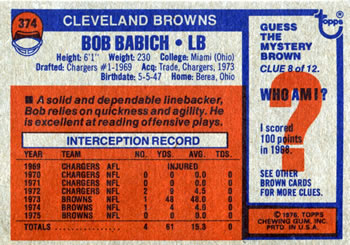 1976 Topps #374 Bob Babich Back