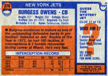 1976 Topps #378 Burgess Owens Back