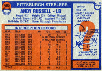 1976 Topps #405 Andy Russell Back