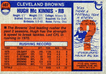 1976 Topps #407 Hugh McKinnis Back