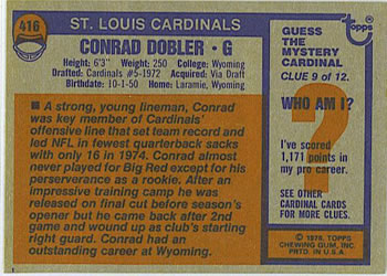 1976 Topps #416 Conrad Dobler Back