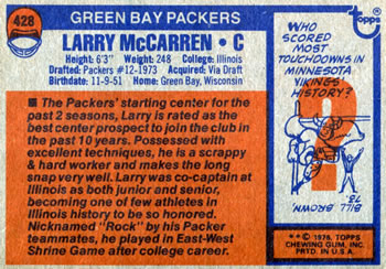 1976 Topps #428 Larry McCarren Back