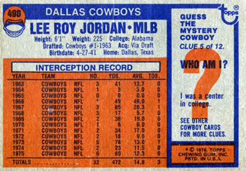 1976 Topps #490 Lee Roy Jordan Back