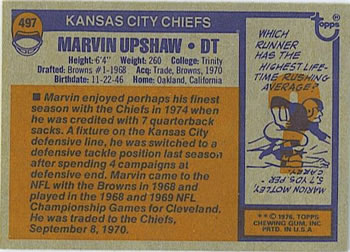 1976 Topps #497 Marvin Upshaw Back