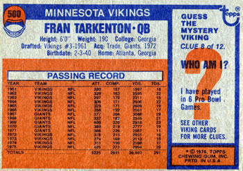 1976 Topps #500 Fran Tarkenton Back