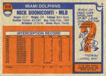 1976 Topps #515 Nick Buoniconti Back