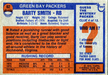 1976 Topps #62 Barty Smith Back