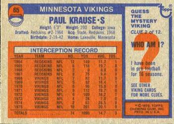 1976 Topps #65 Paul Krause Back