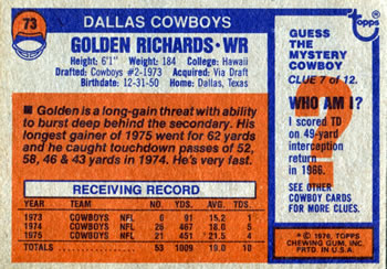 1976 Topps #73 Golden Richards Back