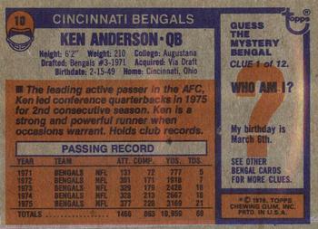 1976 Topps #10 Ken Anderson Back