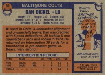 1976 Topps #92 Dan Dickel Back