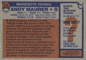 1976 Topps #309 Andy Maurer Back