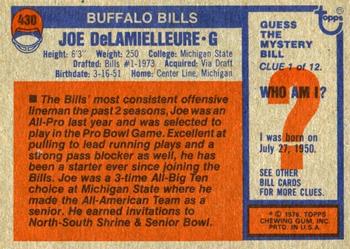1976 Topps #430 Joe DeLamielleure Back