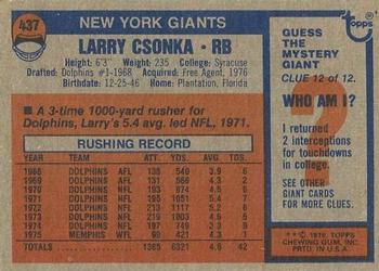1976 Topps #437 Larry Csonka Back