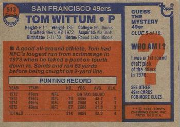1976 Topps #513 Tom Wittum Back