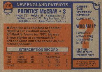1976 Topps #518 Prentice McCray Back