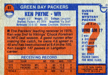 1976 Topps #81 Ken Payne Back