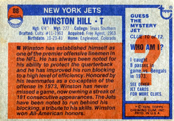 1976 Topps #88 Winston Hill Back