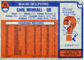 1976 Topps #93 Earl Morrall Back