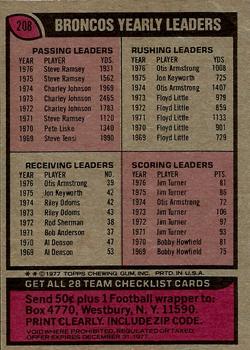 1977 Topps #208 Broncos Checklist/Leaders Back