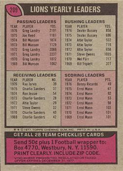 1977 Topps #209 Lions Checklist/Leaders Back
