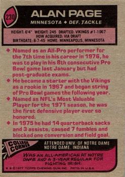 1977 Topps #230 Alan Page Back