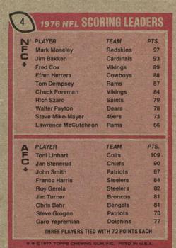 1977 Topps #4 1976 NFL Scoring Leaders (Mark Moseley / Toni Linhart) Back