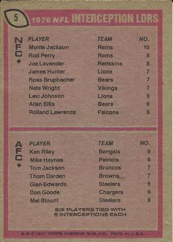 1977 Topps #5 1976 NFL Interception Leaders (Monte Jackson / Ken Riley) Back