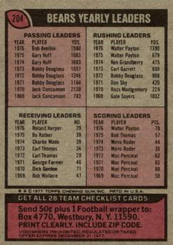 1977 Topps #204 Bears Checklist/Leaders Back