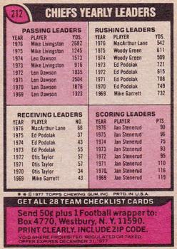 1977 Topps #212 Chiefs Checklist/Leaders Back