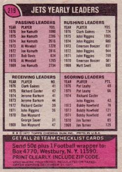 1977 Topps #219 Jets Checklist/Leaders Back