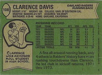 1978 Topps #108 Clarence Davis Back