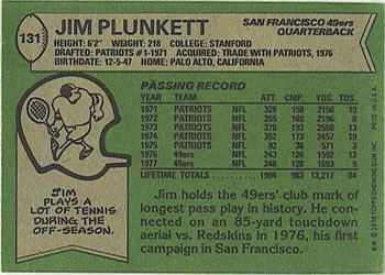 1978 Topps #131 Jim Plunkett Back