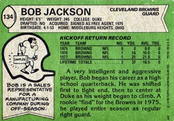 1978 Topps #134 Bob Jackson Back