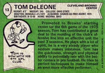 1978 Topps #13 Tom DeLeone Back