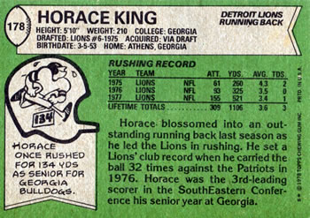1978 Topps #178 Horace King Back