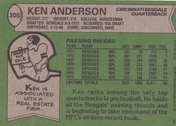 1978 Topps #205 Ken Anderson Back