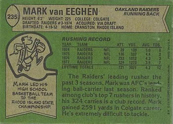 1978 Topps #235 Mark Van Eeghen Back