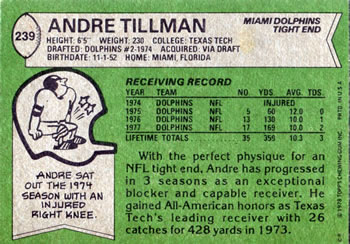 1978 Topps #239 Andre Tillman Back