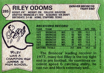 1978 Topps #285 Riley Odoms Back