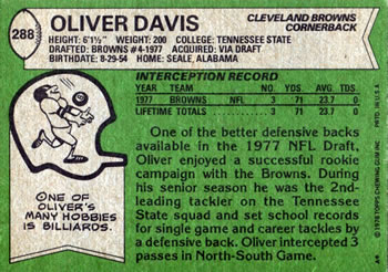 1978 Topps #288 Oliver Davis Back
