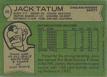 1978 Topps #28 Jack Tatum Back