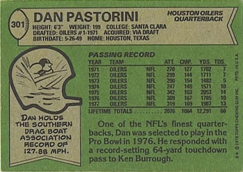 1978 Topps #301 Dan Pastorini Back