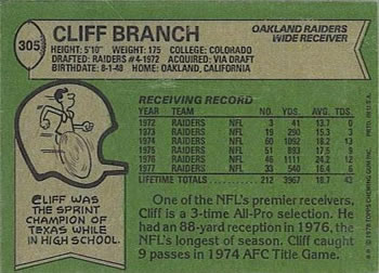 1978 Topps #305 Cliff Branch Back